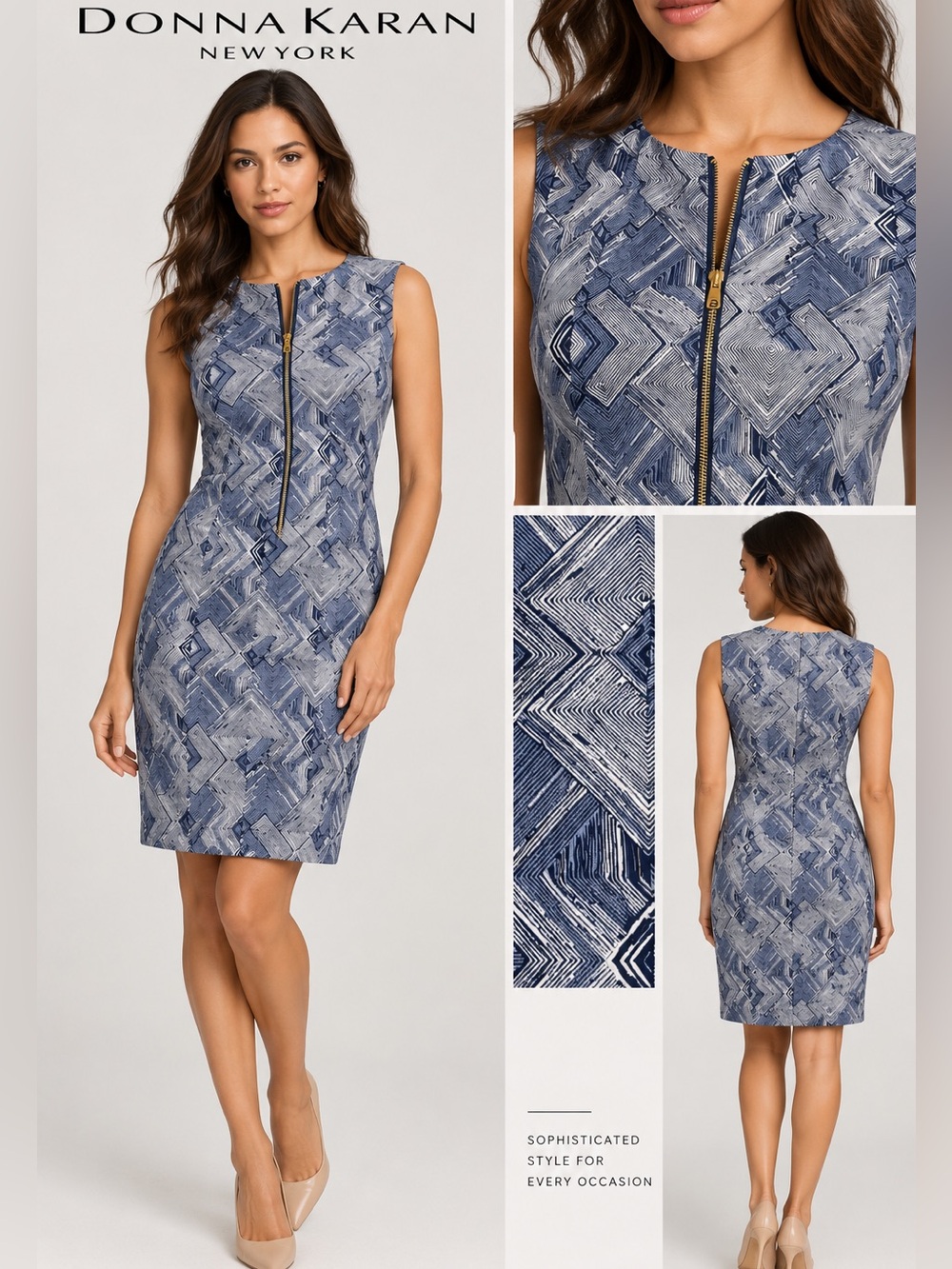 Donna Karan Navy and White Geometric Zip-Front Sheath Dress